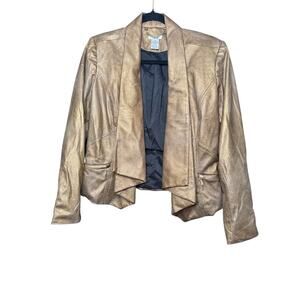 Caché Vintage Faux Leather Waterfall Open Front Bronze/Gold Jacket Size 4